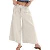 imageCHARTOU Women Flare Wide Leg Jeans Baggy Cropped Mid Rise Jeans Pleated Ruffle Denim Pants with PocketsBeige