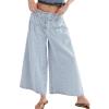 imageCHARTOU Women Flare Wide Leg Jeans Baggy Cropped Mid Rise Jeans Pleated Ruffle Denim Pants with PocketsLight Blue