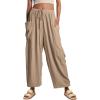 imageCHARTOU Women Loose Elastic Waist Wide Leg Beach Pants with Pockets Lightweight Pleated Gauze Palazzo PantsKhaki