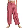 imageCHARTOU Women Loose Elastic Waist Wide Leg Beach Pants with Pockets Lightweight Pleated Gauze Palazzo PantsPink