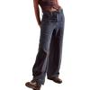 imageCHARTOU Women Patchwork Denim Wide Leg Pants Tie Front Drawstring Floor Length Straight Baggy Boyfriend Jeans with PocketsBlack