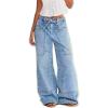 imageCHARTOU Women Patchwork Denim Wide Leg Pants Tie Front Drawstring Floor Length Straight Baggy Boyfriend Jeans with PocketsBlue