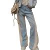 imageCHARTOU Women Side Stripes Patchwork Wide Leg Denim Pants High Rise Straight Jeans with PocketsLight Blue