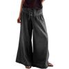 imageCHARTOU Womens Baggy Wide Leg Denim Pants Drawstring Midi Waisted Flare Jeans Ruffle Pleated Button JeansBlack