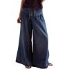 imageCHARTOU Womens Baggy Wide Leg Denim Pants Drawstring Midi Waisted Flare Jeans Ruffle Pleated Button JeansDark Blue