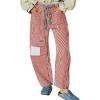 imageCHARTOU Womens Striped Barrel Jeans Baggy Mid Waist Drawstring Jeans Denim Patchwork Cropped Wide Leg PantsRed