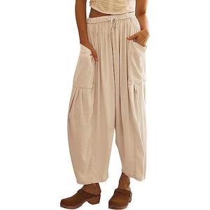 imageCHARTOU Boho Wide Leg Palazzo Pants for Women Casual Drawstring Pants Beach Flowy Summer Pants Gauze LoungeBeige
