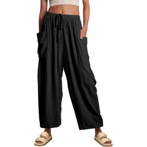 imageCHARTOU Boho Wide Leg Palazzo Pants for Women Casual Drawstring Pants Beach Flowy Summer Pants Gauze LoungeBlack