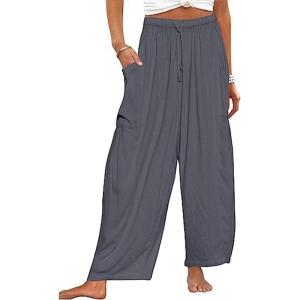 imageCHARTOU Boho Wide Leg Palazzo Pants for Women Casual Drawstring Pants Beach Flowy Summer Pants Gauze LoungeGrey