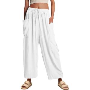 imageCHARTOU Boho Wide Leg Palazzo Pants for Women Casual Drawstring Pants Beach Flowy Summer Pants Gauze LoungeWhite