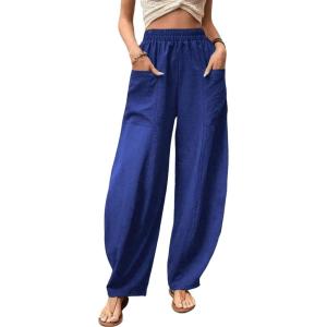 imageCHARTOU Casual Elastic Waist Harem Pants Women with Pockets Summer Barrel Pants Palazzo Sweatpants Lightweight SlacksBlue