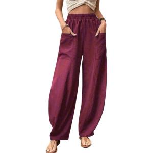 imageCHARTOU Casual Elastic Waist Harem Pants Women with Pockets Summer Barrel Pants Palazzo Sweatpants Lightweight SlacksDark Red
