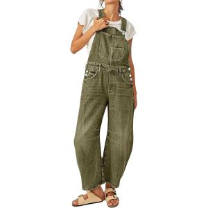 imageCHARTOU Women Casual Denim Bib Overalls Baggy Barrel Jeans Y2k Wide Leg Denim Jumpsuit Mid Rise Boyfriend Harem PantsArmy Green