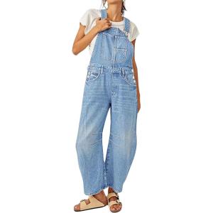 imageCHARTOU Women Casual Denim Bib Overalls Baggy Barrel Jeans Y2k Wide Leg Denim Jumpsuit Mid Rise Boyfriend Harem PantsBlue