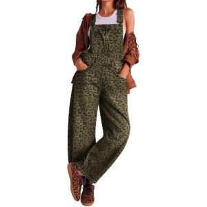 imageCHARTOU Women Casual Denim Bib Overalls Baggy Barrel Jeans Y2k Wide Leg Denim Jumpsuit Mid Rise Boyfriend Harem PantsLeopard Green