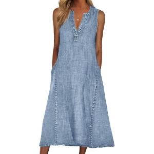 imageCHARTOU Women Casual Sleeveless Denim Midi Dress A Line SummerBlue