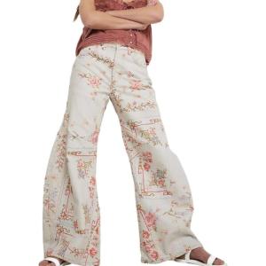 imageCHARTOU Women Floral Denim Wide Leg Pants High Waist Floor Length Baggy Barrel JeansWhite