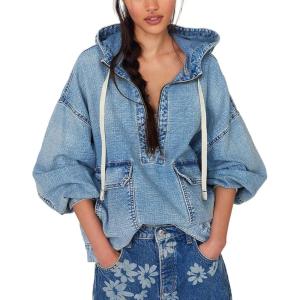imageCHARTOU Women Half Zip Up Oversized Denim Hoodie Sweatshirt Pullover Boyfriend Patchwork Jean Top StreetwearBlue