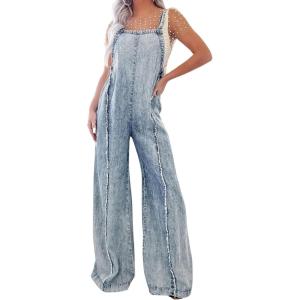 imageCHARTOU Women Loose Fit Denim Jumpsuit Adjustable Straps Wide Leg Long Pants Frayed Jean OverallsBlue