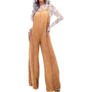 imageCHARTOU Women Loose Fit Denim Jumpsuit Adjustable Straps Wide Leg Long Pants Frayed Jean OverallsTan