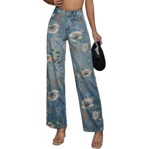 imageCHARTOU Women Mid Rise Floral Printed Straight Leg Jeans Baggy Summer Patchwork Denim PantsBlue