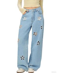 imageCHARTOU Women Mid Waisted Hollow Out Floral Jeans Straight Wide Leg Baggy Jeans Denim PantsBlue