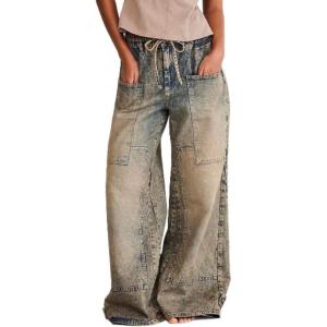 imageCHARTOU Women Patchwork Denim Wide Leg Pants Tie Front Drawstring Floor Length Straight Baggy Boyfriend Jeans with PocketsRetro Blue