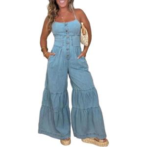 imageCHARTOU Women Ruffle Flare Wide Leg Denim Jumpsuit Baggy Jeans Pants Tie Knot Ruched Jean Overall with PocketsBlue