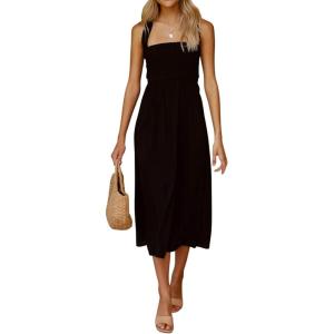imageCHARTOU Women Sexy Spaghetti Strap Cut Out Smocked Dress Party Backless Flowy Midi Dress with PocketBlack