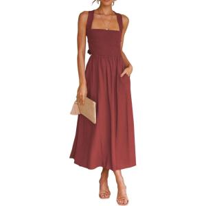 imageCHARTOU Women Sexy Spaghetti Strap Cut Out Smocked Dress Party Backless Flowy Midi Dress with PocketBrown