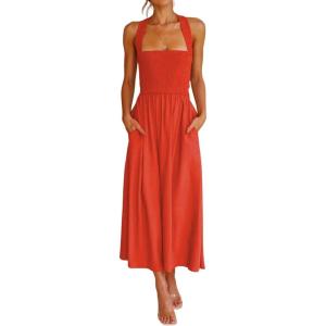 imageCHARTOU Women Sexy Spaghetti Strap Cut Out Smocked Dress Party Backless Flowy Midi Dress with PocketOrange