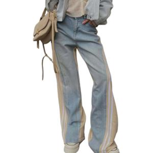 imageCHARTOU Women Side Stripes Patchwork Wide Leg Denim Pants High Rise Straight Jeans with PocketsLight Blue