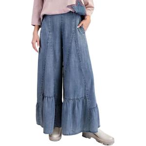 imageCHARTOU Women Wide Leg Baggy Patchwork Jeans Flowy Palazzo Ruffle Denim Flare Pants with PocketsBlue