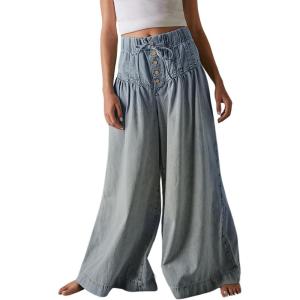 imageCHARTOU Womens Baggy Wide Leg Denim Pants Drawstring Midi Waisted Flare Jeans Ruffle Pleated Button JeansLight Blue
