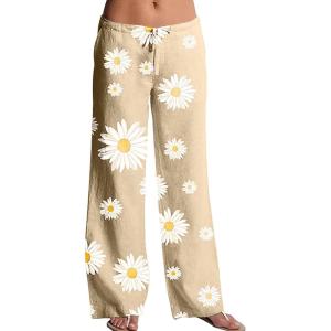 imageCHARTOU Womens Drawstring Waist Floral Print Wide Leg Loose Fit Palazzo Beach PantsKhaki