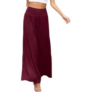 imageCHARTOU Womens Linen Wide Leg Pants High Waisted Tiered Palazzo Beach Flowy PantsWine Red