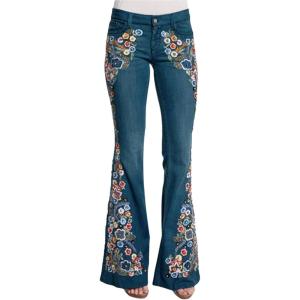 imageCHARTOU Womens Mid Rise Floral Embroidered Flare Jeans Bell Bottom Denim PantsDark Blue