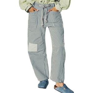 imageCHARTOU Womens Striped Barrel Jeans Baggy Mid Waist Drawstring Jeans Denim Patchwork Cropped Wide Leg PantsBlue