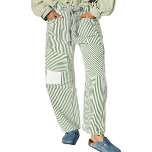 imageCHARTOU Womens Striped Barrel Jeans Baggy Mid Waist Drawstring Jeans Denim Patchwork Cropped Wide Leg PantsGreen