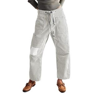 imageCHARTOU Womens Striped Barrel Jeans Baggy Mid Waist Drawstring Jeans Denim Patchwork Cropped Wide Leg PantsGrey