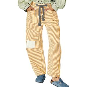 imageCHARTOU Womens Striped Barrel Jeans Baggy Mid Waist Drawstring Jeans Denim Patchwork Cropped Wide Leg PantsYellow