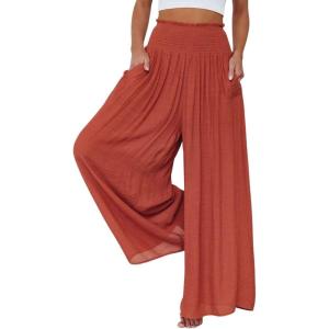 imageCHARTOU Womens Summer Lightweight Elastic Smocked Waist Cotton Flowy WideLeg Palazzo PantsRusty Red