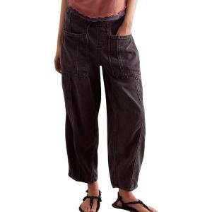 imageCHARTOU Womens Trendy Mid Rise Barrel Jeans Drawstring Boyfriend Denim Pants Harem Y2K Jeans with PocketsBlack
