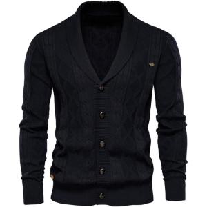 imageCHARTOU Men Cable Knit Cardigan Sweater with Button Down Shawl Collar Knitted Sweater Jacket KnitwearBlack