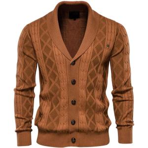 imageCHARTOU Men Cable Knit Cardigan Sweater with Button Down Shawl Collar Knitted Sweater Jacket KnitwearCaramel
