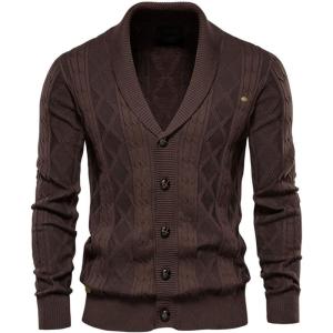 imageCHARTOU Men Cable Knit Cardigan Sweater with Button Down Shawl Collar Knitted Sweater Jacket KnitwearCoffee