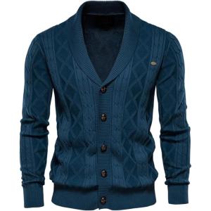imageCHARTOU Men Cable Knit Cardigan Sweater with Button Down Shawl Collar Knitted Sweater Jacket KnitwearDark Blue