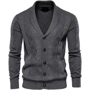 imageCHARTOU Men Cable Knit Cardigan Sweater with Button Down Shawl Collar Knitted Sweater Jacket KnitwearGrey