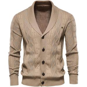 imageCHARTOU Men Cable Knit Cardigan Sweater with Button Down Shawl Collar Knitted Sweater Jacket KnitwearKhaki
