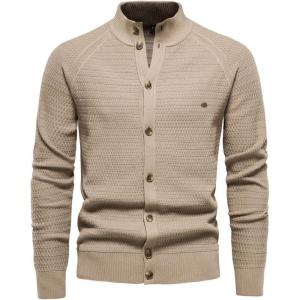 imageCHARTOU Men Casual Knitted Cardigan Sweater Stand Collar Button Up Knit Sweater Jacket Regular FitApricot